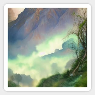 Digital Painting of a Beautiful Nature With High Mountains With Fog Sticker